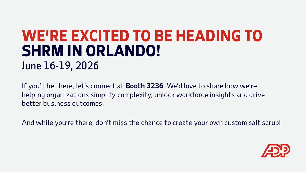 KevNeale523's tweet photo. Heading to hashtag#SHRM26? Come find us at Booth 3236 — we'd love to connect!

While you're there, create your own custom salt scrub at our booth, and don't miss the ADP-sponsored Wellness Lounge for a quick recharge with a massage. https://t.co/Gu21sbHsSa