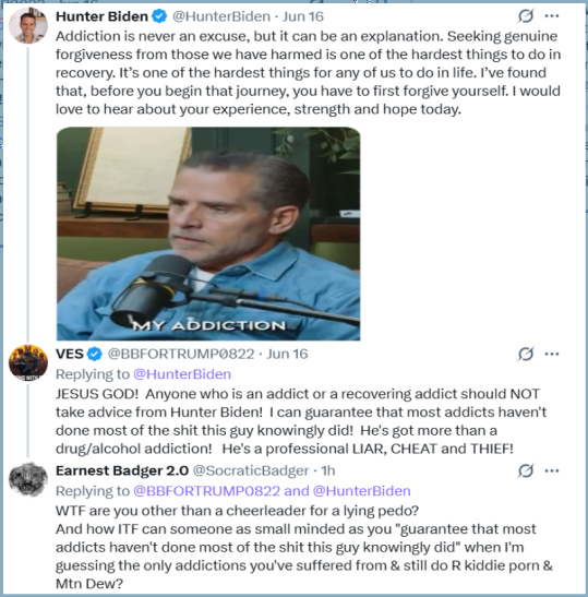 SocraticBadger's tweet photo. ~ These caustic bottom feeders attacking Hunter's blunt honesty crack me up, pun intended.  #mentalhealth #addictionrecovery https://t.co/o7N2ZXrBzL