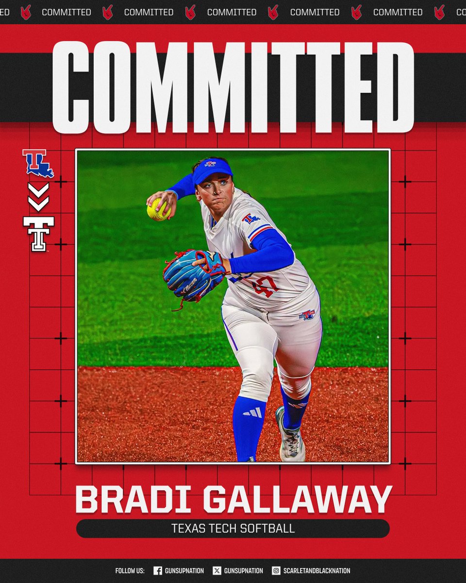 gunsupnation's tweet photo. 🥎 𝗖𝗢𝗠𝗠𝗜𝗧𝗧𝗘𝗗: Louisiana Tech IF transfer Bradi Gallaway has committed to Texas Tech Softball!

Gallaway made an immediate impact as a freshman, earning First-Team All-Conference honors after batting .317. She finished the season with 11 home runs, 12 doubles, 47 RBI, and 32 runs scored. Her 11 home runs also set a freshman single-season program record.

Welcome to the 806, Bradi!