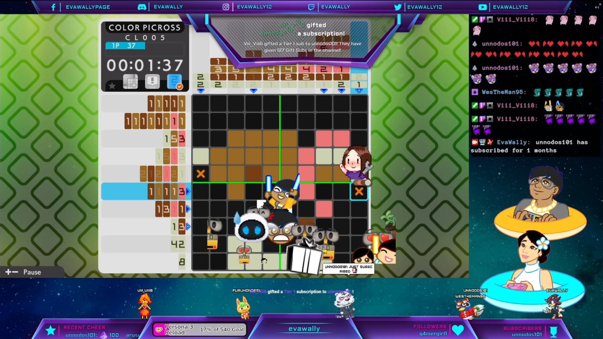 evawally12's tweet photo. Eva's 11th #PicrossS3 stream solved CL001 to CL025 for @speedruncom posterity! Thanks to WesTheMan95 for the 🔷Bits🔷, @ViviNY888 for the 🎁Gift Sub🎁 &amp; 🔥Streak🔥, UnnoDos101, @rahci15 &amp; @dandice1222 for the 🟣Redeems🟣 and @wildcatterry17 &amp; Scandie for the 🗨️Chat🗨️! 🤖🤖 https://t.co/OBRP2IftOl