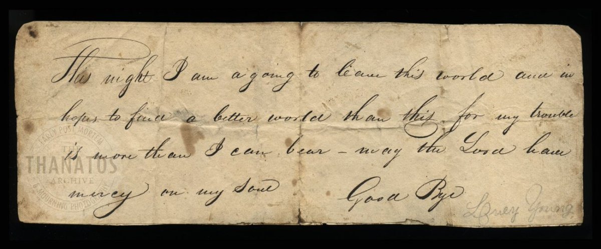 Automorette's tweet photo. Suicide note, ca. mid-1800s

"This night I am going to leave this world and in hopes to find a better world than this. For my trouble is more than I can bear - may the Lord have mercy on my Soul. Good Bye." https://t.co/GELbs2hWLN