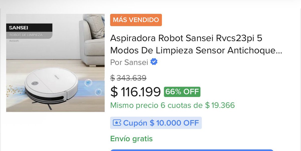 vmenditto's tweet photo. 🤖✨ ¡EL ROBOT QUE LIMPIA POR VOS! ✨

🧹 Aspiradora Robot Sansei RVCS23PI 🧹

💲 $116.199
💳 6 cuotas
🎟️ Cupón extra de $10.000 OFF
🚚 Envío gratis

Queda en $106.000 

✅ 5 modos de limpieza
✅ Sensores antichoque y anticaídas
✅ Ideal para pisos, cerámicos y madera
✅ Diseño compacto para llegar debajo de muebles
✅ Limpieza automática mientras hacés otras cosas

🏠 Menos tiempo limpiando, más tiempo para disfrutar. Una solución práctica para mantener la casa impecable todos los días.

🔥 ¡Uno de los descuentos más fuertes del momento!

🎟️ Cupón MELI+ CUPONREGALO $10.000

Link 🔗 
https://t.co/GPycwG2h3M
