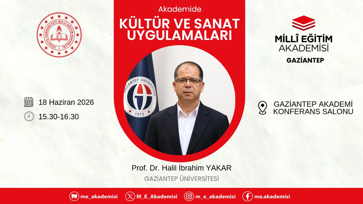 yakaribrahim's tweet photo. Gaziantep Millî Eğitim Akademisi’nde “Akademide Kültür Sanat Uygulamaları” konulu bir konferans vereceğiz.

18 Haziran 2026 Perşembe 
15.30-16.30
Gaziantep Akademi Konferans Salonu https://t.co/sqyfPcDuhf