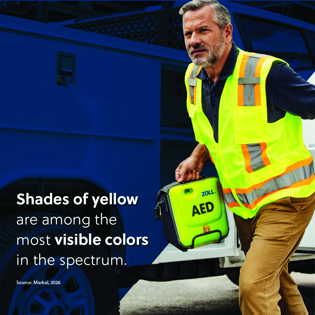 ZOLLPublicSfty's tweet photo. Sudden cardiac arrest survival rates drop 10% for every minute without defibrillation. Visibility matters, and high-visibility yellow helps AEDs stand out. This National Safety Month, our reps are in your community and ready to help: https://t.co/CJrOkuQS1g. #ZOLLPublicSafety https://t.co/cmNkIt7d4f