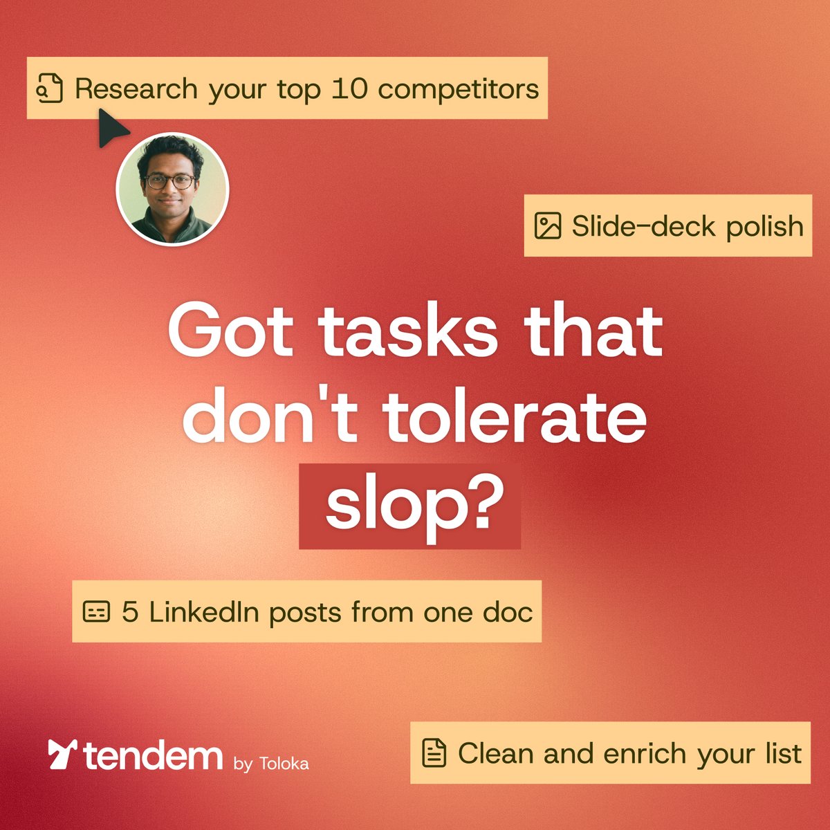 Tendem_AI's tweet photo. Some tasks are too small to hire for and too important to trust to AI alone. https://t.co/rCVsW4eo5J