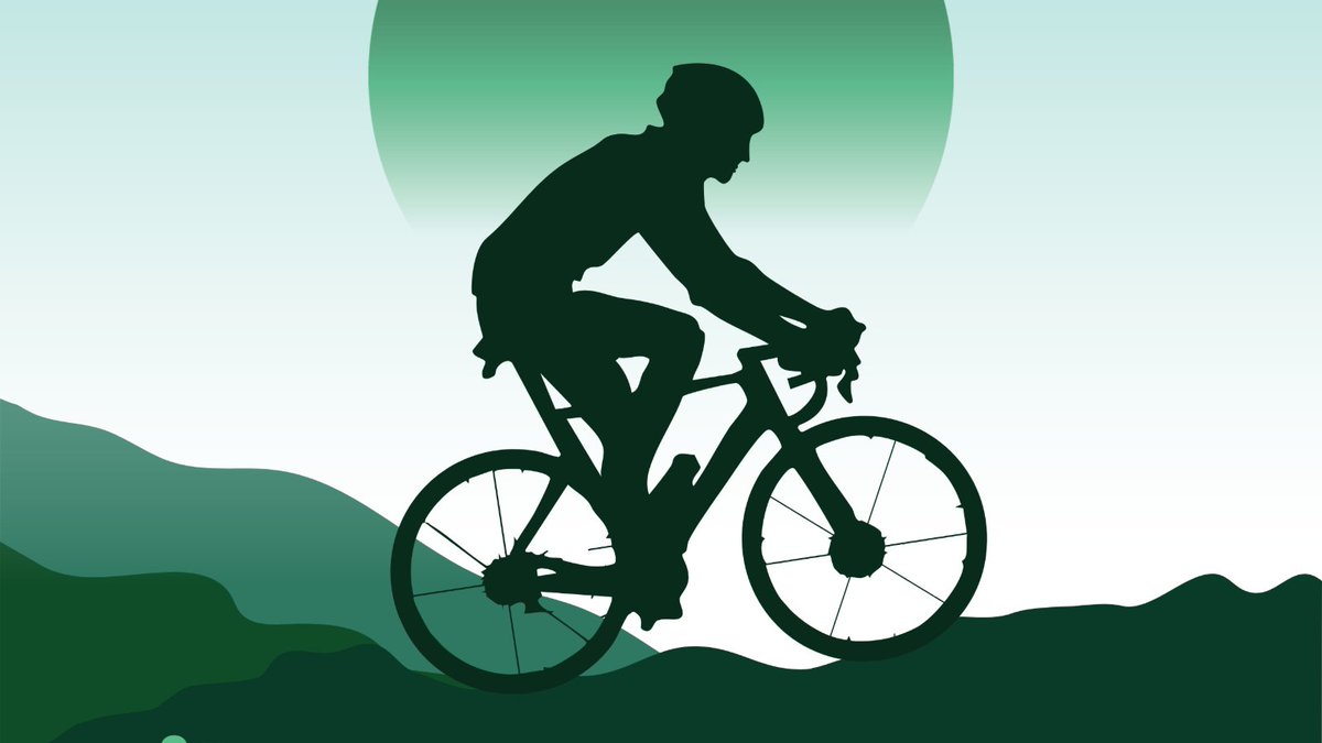 Silhouette of a person cycling uphill against a green gradient background.