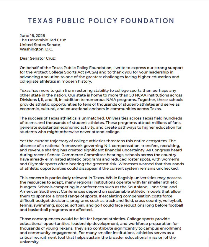 TPPF's tweet photo. Texas has more to gain from restoring stability to college sports than perhaps any other state.

Thank you to @SenTedCruz for sponsoring the Protect College Sports Act, which offers a balanced solution to preserve the future of college athletics at all levels. https://t.co/5QUzQiiI4j