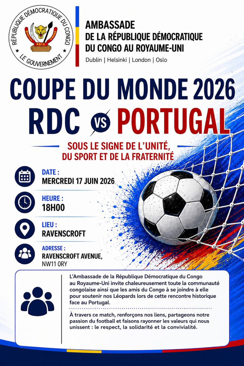 DRCinUK's tweet photo. Londres, le 17/06/2026
Tous derrière nos Léopards! 
Notre fierté, Notre nation, notre force
La communauté congolaise de UK, unis dans la fierté, unis pour la victoire. @RDC_Minafet @kayikwambaT https://t.co/SiOLIBInJm