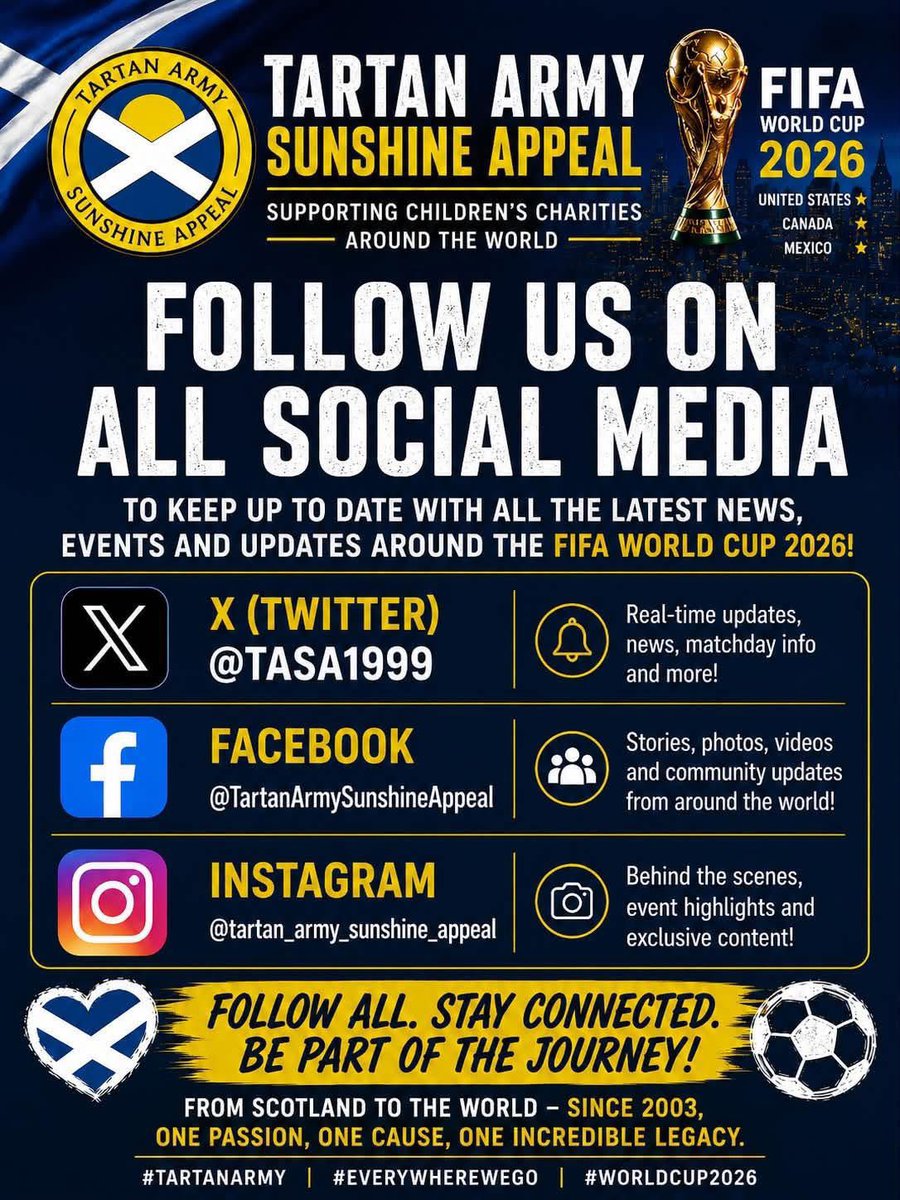 TartanArmyGroup's tweet photo. The Tartan Army Sunshine Appeal @TASA1999 have made donations to local Children’s charities for the last 119 consecutive Scotland away games. 

If you’re interested in the amazing work they do please follow them on their social media channels and consider buying some of their merch.