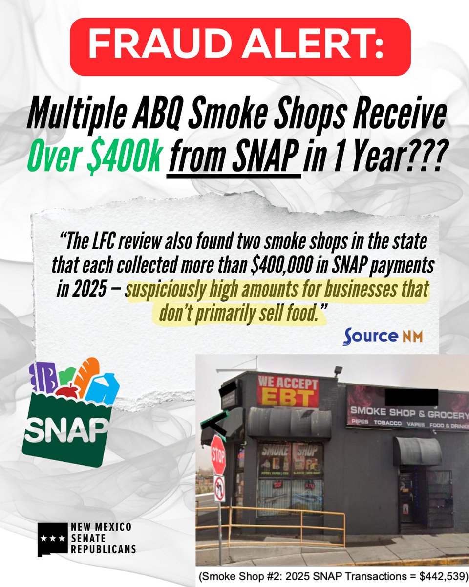 NMSenate_GOP's tweet photo. You can’t make this up… that’s right, two NM Smoke Shops received over $400,000 in 2025 from SNAP payments. That’s why Senate Republican Whip Pat Woods is asking the @USDA to investigate these seemingly fraudulent transactions.

#nmpol @nickshirleyy @scrowder @michaeljknowles @elonmusk