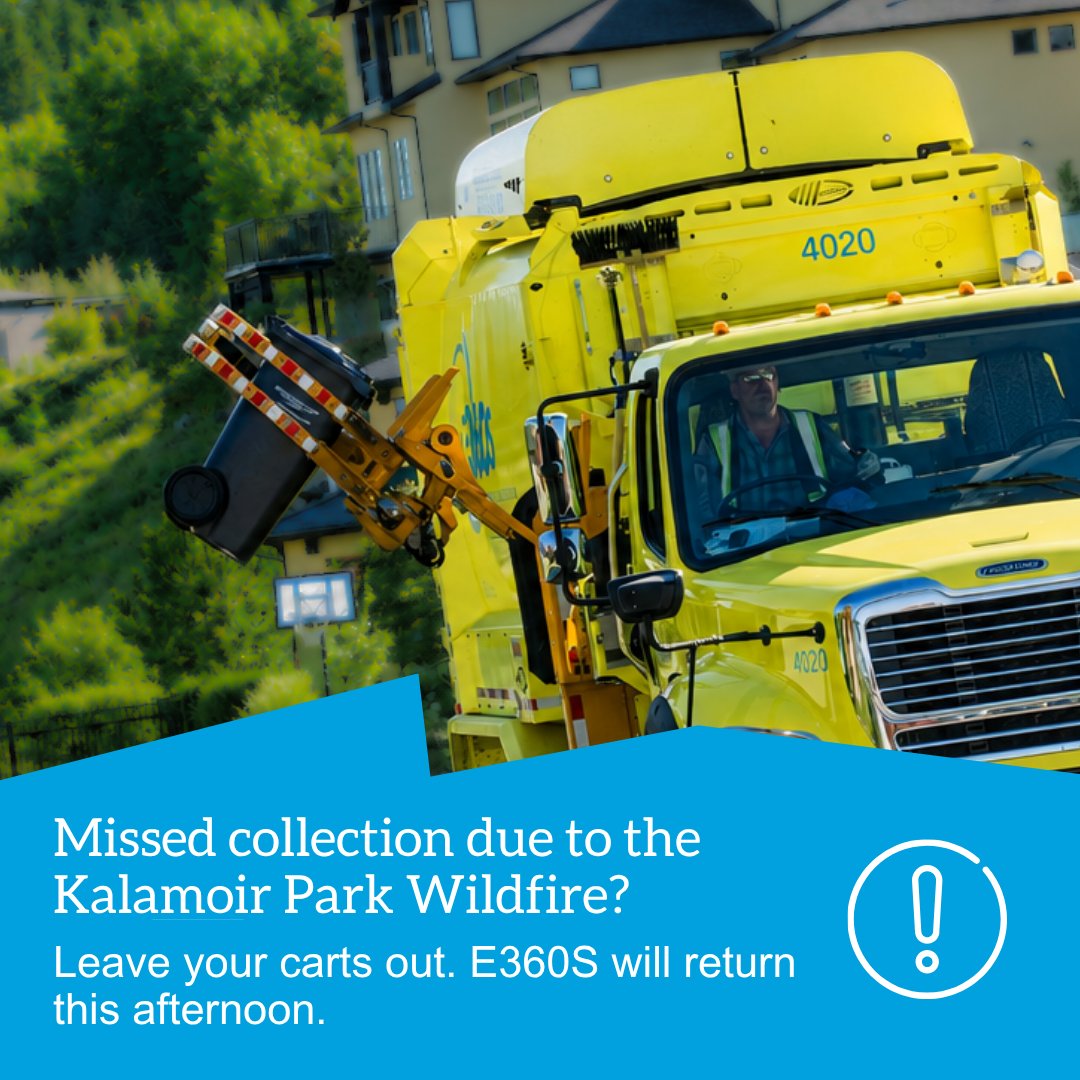RDCOkanagan's tweet photo. 📢 Attention residents affected by the Kalamoir Park Wildfire evacuation

If your garbage and yard waste were not collected yesterday, collection was delayed because crews were unable to access evacuated neighbourhoods.

E360S will be returning this afternoon to complete all missed garbage and yard waste collection. Please ensure your carts are out and accessible if they have not yet been collected.

♻️ Missed garbage, yard waste or recycling collection after today? Please contact E360S:
Phone: 250-868-3211
Email: info-bc@e360s.ca

Thank you for your patience and understanding as crews work to safely complete service in the affected neighbourhoods.
