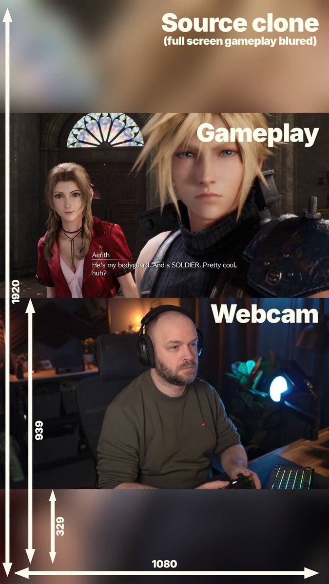 8bitElliott's tweet photo. Here is my Twitch vertical streaming layout thought process

- Gameplay above webcam (less eye travel between my face and gameplay)
- Focus less on the Twitch experience and more on the Social media clip usage
- No important info in the red zones
- Captions central or on person https://t.co/H1UDhQWq9b