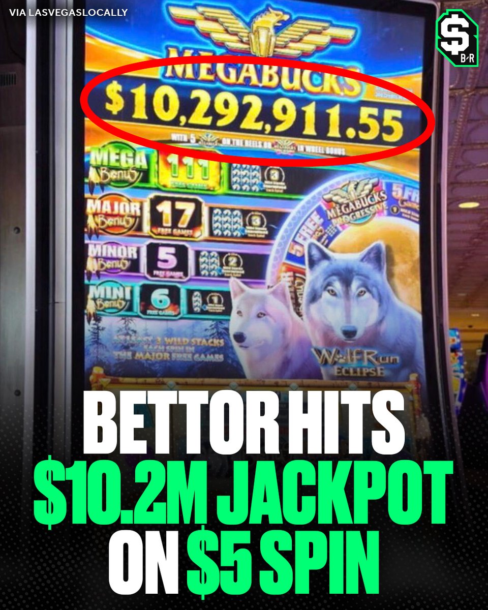 br_betting's tweet photo. SOMEBODY HIT A $10.2M SLOTS JACKPOT ON A $5 SPIN IN VEGAS 🚨

He was only playing for three minutes 🤯

(via @VitalVegas) https://t.co/KiCkl1x5YG
