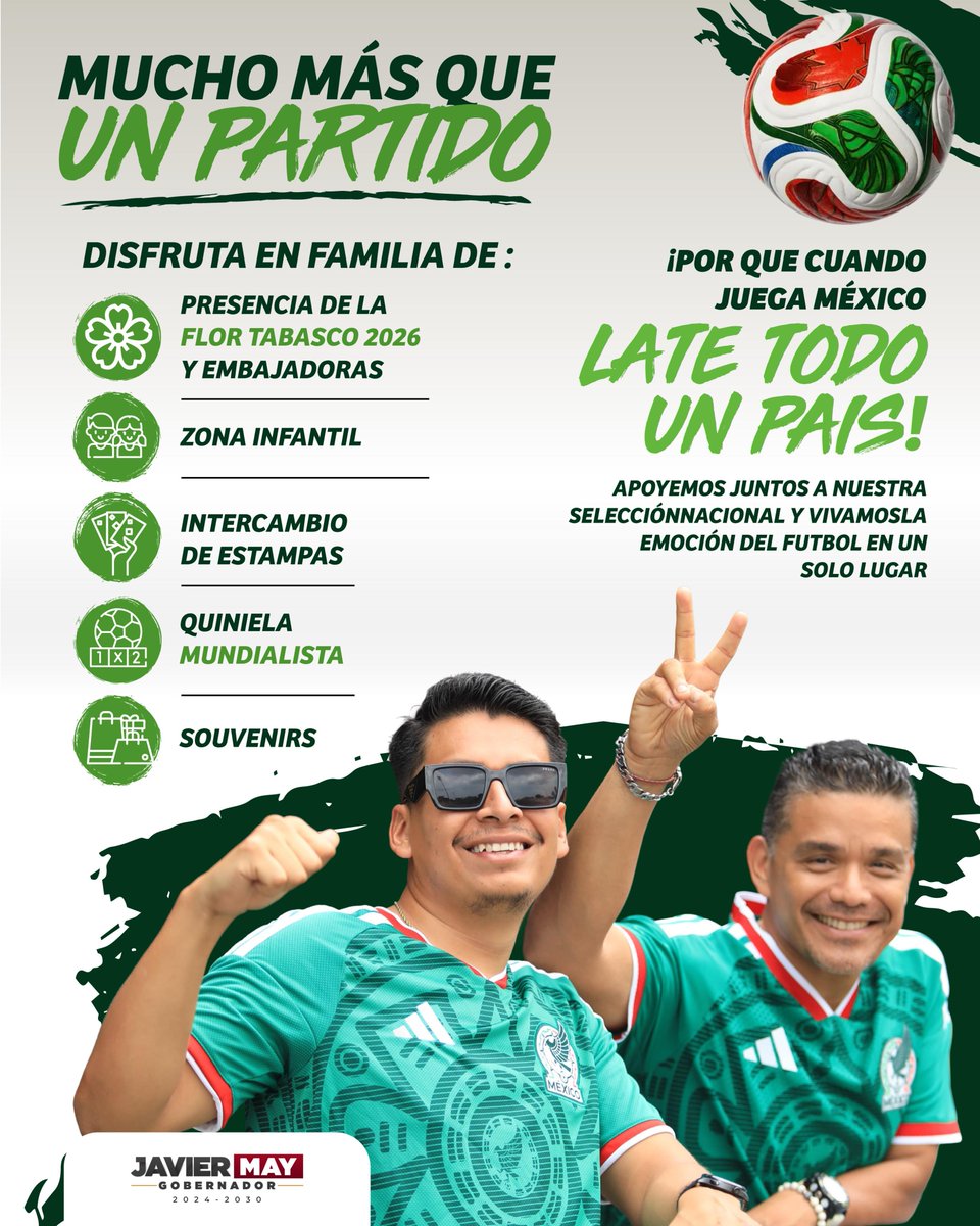 TabascoJavier's tweet photo. ¡Vivamos el Mundial 2026 en #Tabasco!

Les esperamos mañana a partir de las 5:00 pm en el Centenario 27 de Febrero, para disfrutar del partido de México vs Corea del Sur; la entrada es gratis.

¡Queremos celebrar con las familias tabasqueñas! https://t.co/Ta5HROhVqh