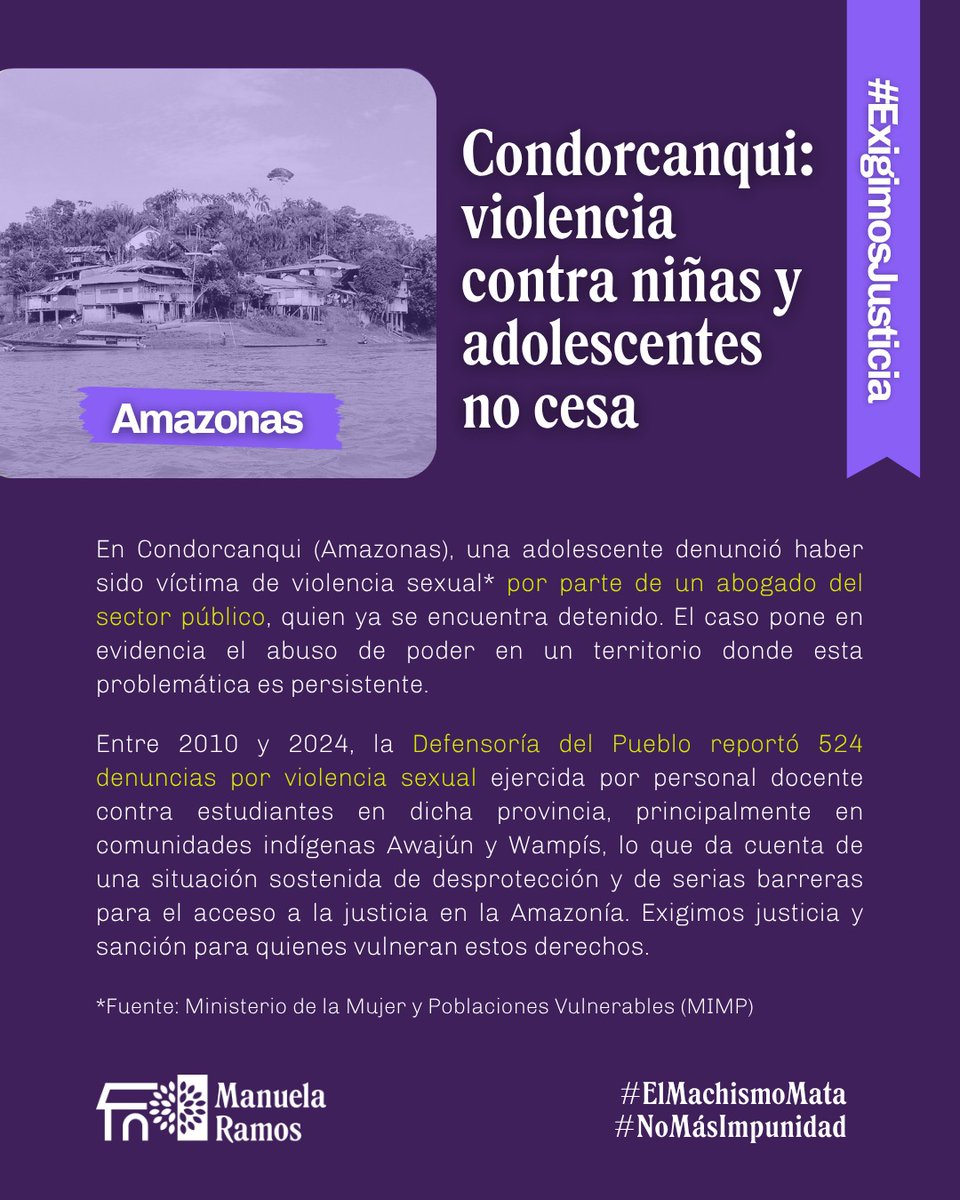ManuelaRamos's tweet photo. #Amazonas 📣 | A los más de 524 casos de violencia sexual contra niñas y adolescentes awajún y wampís en #Condorcanqui se suma ahora un nuevo caso que involucra a un abogado del sector público. La impunidad sigue poniendo en riesgo a las infancias amazónicas. ✊🏾🚨 https://t.co/2pcXMsNB4m