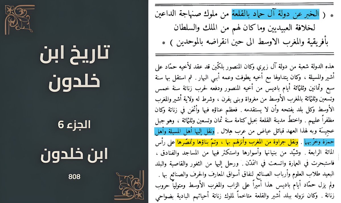 AnsabQbayl73198's tweet photo. 🌠يقول ابن خلدون في العبر :
" الخبر عن دولة آل حماد بالقلعة ... ونقل إليها أهل #المسيلة وأهل #حمزة وخرّبهما. و #نقل جراوة من #المغرب و أنزلهم بها، وتمّ #بناؤها و #تمصّرها " https://t.co/F5fnSxD0TS