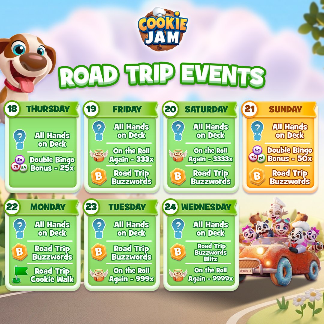 playcookiejam's tweet photo. SUPER WEEK IS BACK! 🚨 Pack bags, grab snacks, roll the windows down—we’re on a Summer Road Trip! 🚗💨

We're cranking up the heat with massive multipliers and back-to-back events. Don't sleep on this!✨ Check the calendar and comment: What's your favorite road trip snack? 👇🍩 https://t.co/6CHc58ISZI