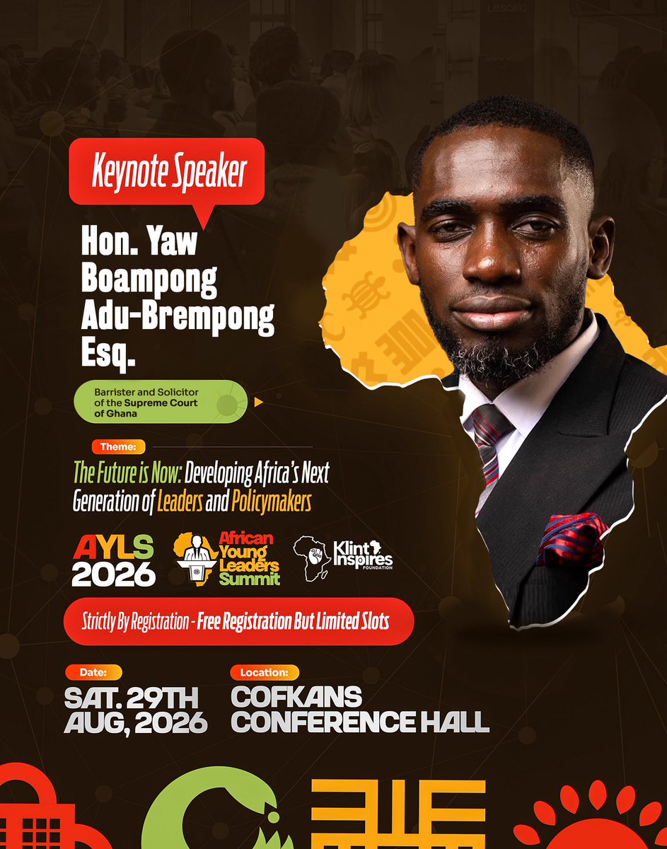 ybee_17's tweet photo. Honoured to serve as a Keynote Speaker at the African Young Leaders Summit (AYLS) 2026.

The future of our continent will be shaped by the vision, courage, and commitment of today’s young people.

I am excited to contribute to this important conversation. https://t.co/siM4DYTXAo