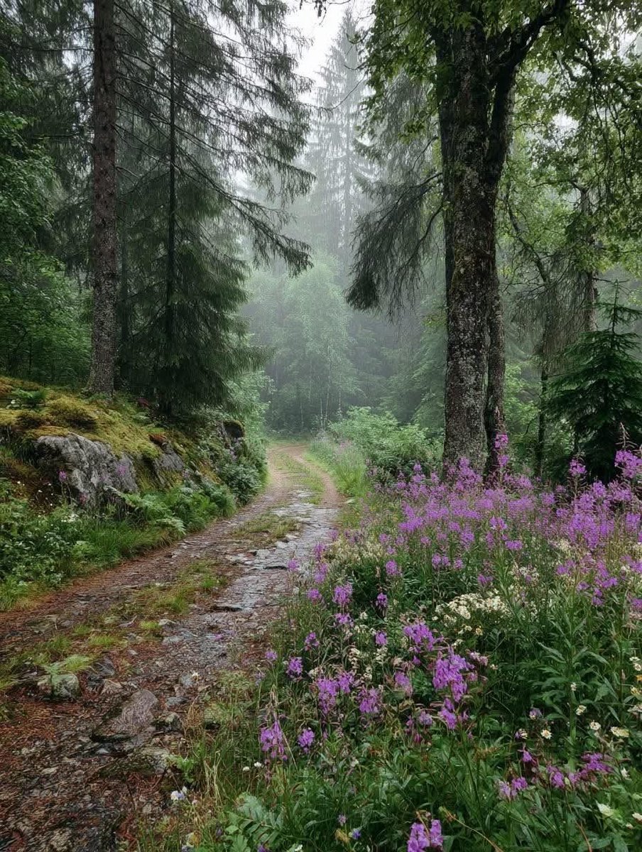 aestheticpost's tweet photo. Where the path disappears into mist and the flowers remember every story the trees ever told. 🪻🌫️ Would you walk it? https://t.co/SQ5Avi6HSn