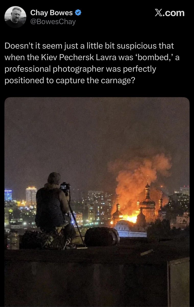 IAPonomarenko's tweet photo. What does really seem just a little bit suspicious though is that there’s supposed to be a giant 2-km-wide river called the Dnipro and a forested island in the background behind the Lavra, instead of those massive residential high-rises in this piece of AI slop (to begin with).

Also, what’s crystal clear here is that @BowesChay is a fucking imbecile pushing brain-dead Russian war propaganda for peanuts.