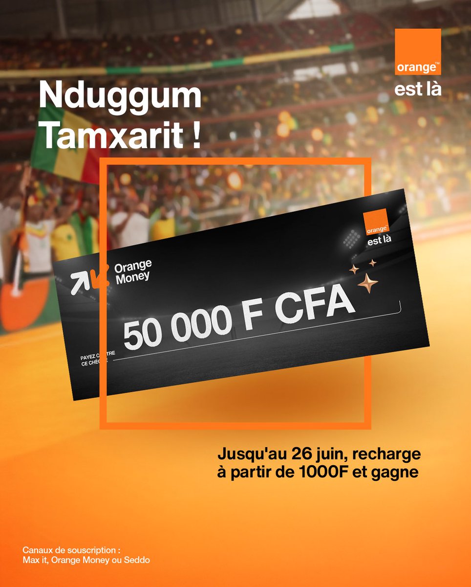 orange_sn's tweet photo. Waw Nduggu Lu neex ci tamxarite bi !

Avec la Tombola Recharge Orange, chaque recharge à partir de 1 000 F te donne une chance de gagner une enveloppe de 50 000 FCFA. Et c’est jusqu’au 26 juin.

Recharge valable sur tous les canaux de souscription.

#Ibou https://t.co/UGhG7WEgUF