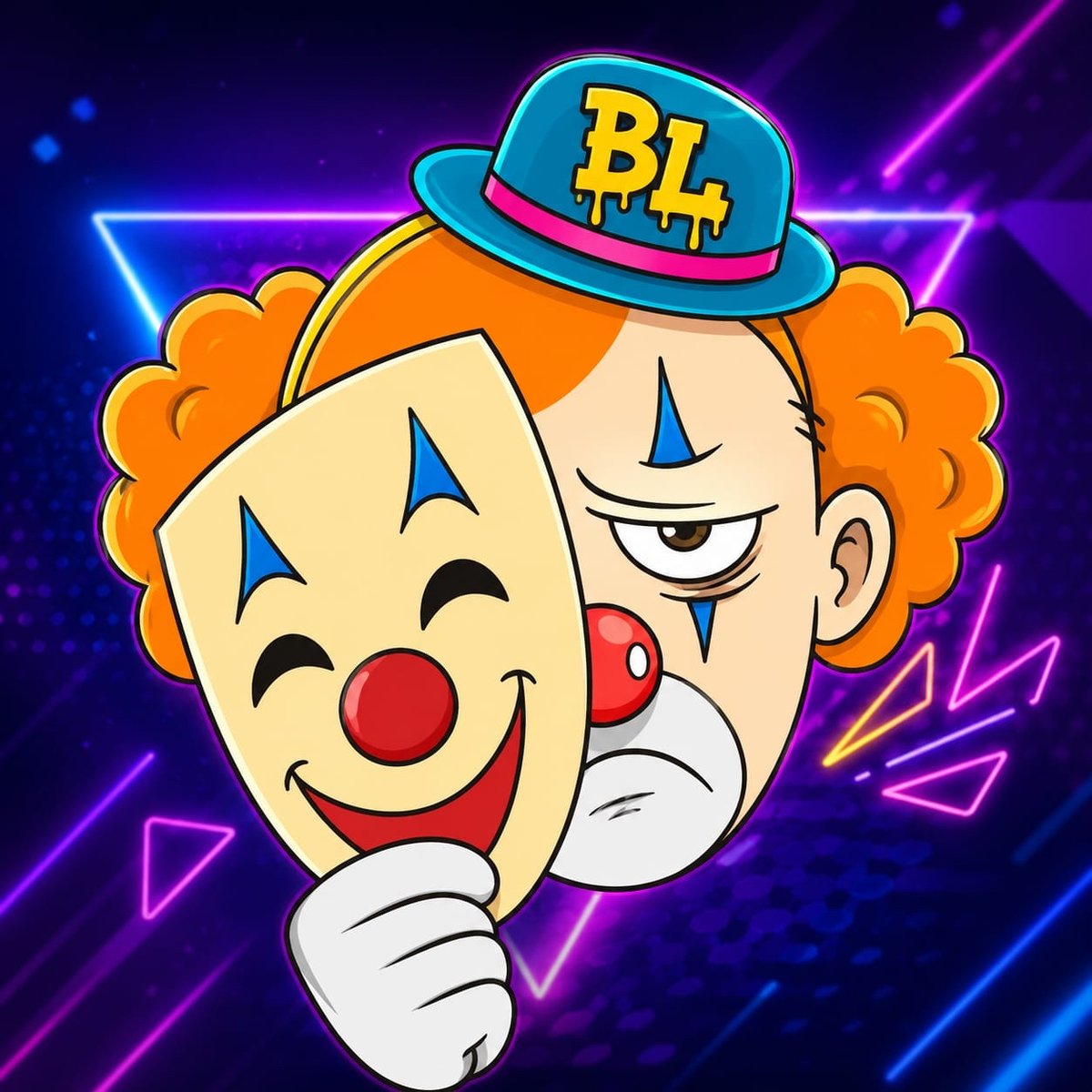 BihLoft's tweet photo. Hidden Pain Loud Smile
A bold and eye catching neon style clown mascot logo featuring a happy mask hiding a sad expression. Designed with clean vector style colors, glowing neon elements, and a modern gaming esports inspired background. https://t.co/Yoo7nFFTtQ