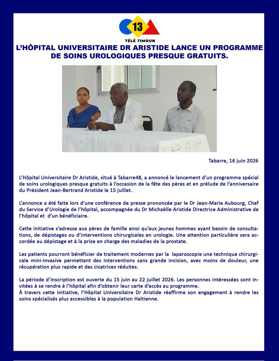 RTTHaiti's tweet photo. Lancement du programme de soins urologiques presque gratuits à l'Hôpital Universitaire Dr Aristide. https://t.co/rBjcPhqa92