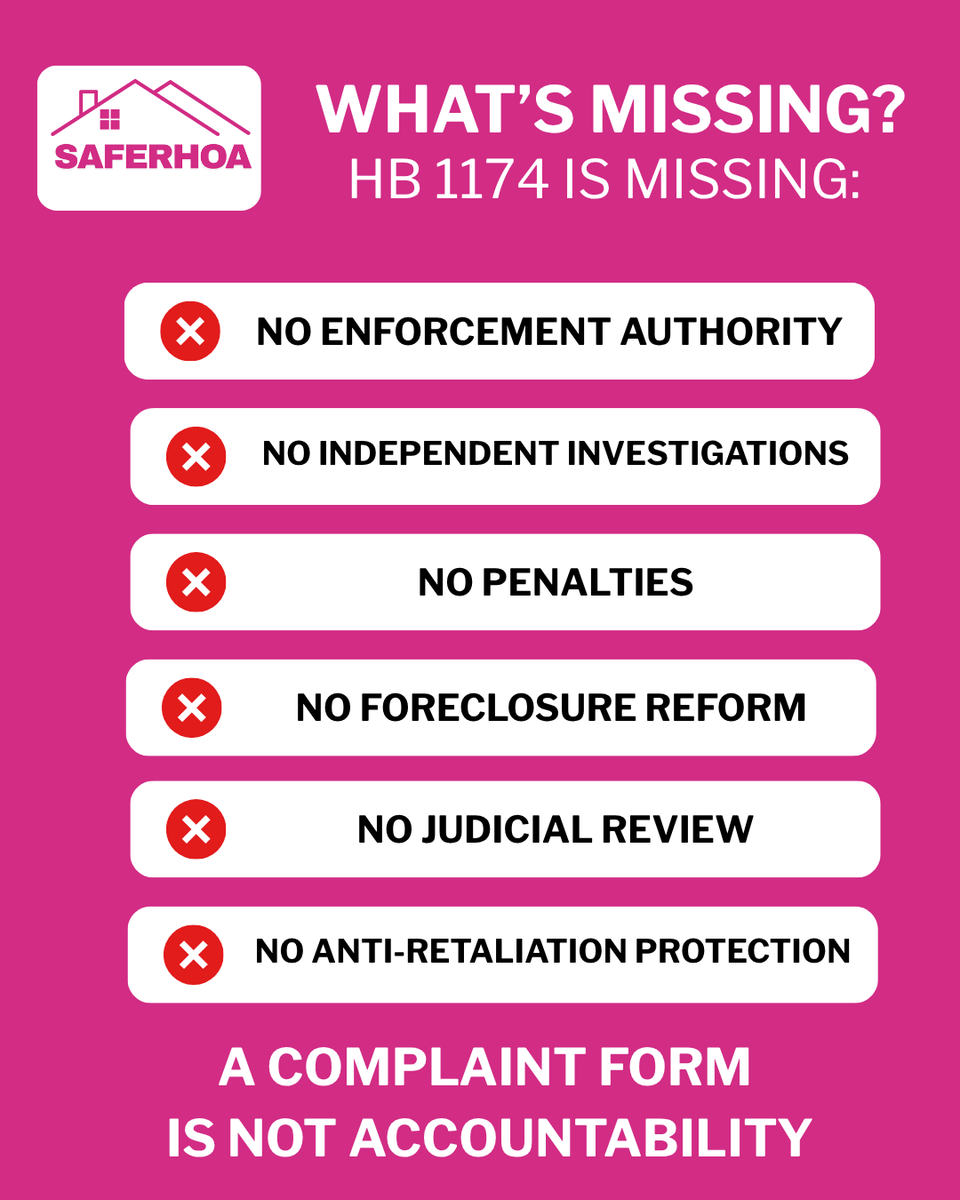 saferhoa's tweet photo. 🚨 HB 1174 is being called HOA reform.

Homeowners should ask:

Does it create accountability?

North Carolina homeowners don't need more paperwork.

They need real protections, due process, &amp; oversight.

A COMPLAINT FORM IS NOT ACCOUNTABILITY.

#SAFERHOA #HOAReform #NCGA #NCpol https://t.co/AoQkvJJYR5