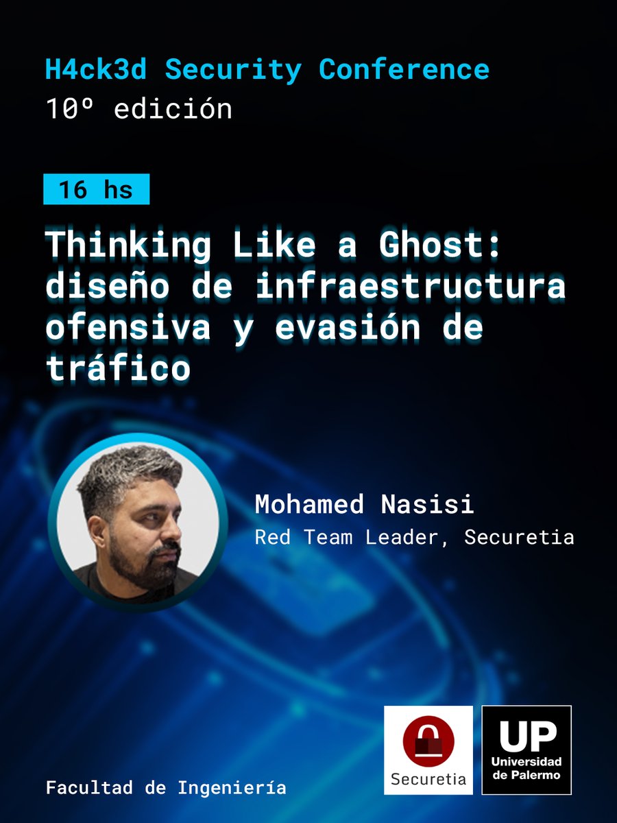 securetia's tweet photo. ¿Cómo construyen los atacantes su infraestructura para volverse completamente invisibles? 👣🌫️

En el mundo del Red Teaming y las amenazas persistentes (APTs), ocultar las operaciones es un arte. 

En su charla, "Thinking Like a Ghost: diseño de infraestructura ofensiva y evasión de tráfico", nuestro Red Team Leader Mohamed Nasisi va a analizar el detrás de escena de las redirecciones de tráfico, el camuflaje en la nube y cómo los atacantes controlan sistemas comprometidos sin levantar alertas. 🧠🛡️

Esta charla y muchas más las vas a encontrar el 26 de junio en h4ck3d X, en la @udepalermo.

🎟️ Los cupos son limitados. Asegurá tu lugar: https://t.co/fslEY1Q1rO.

#h4ck3d #RedTeaming #CyberSecurity #APT #Infosec #OffensiveSecurity #UniversidadDePalermo #Securetia"