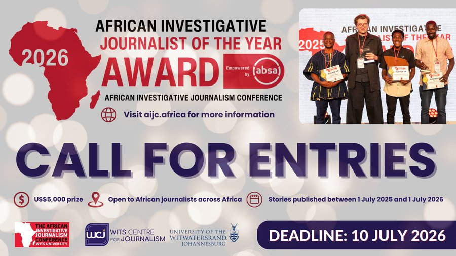 gijnAfrica's tweet photo. The call for entries for the 2026 @AIJC_Conference African Investigative Journalist of the Year Award is currently open.

The award recognizes outstanding investigative reporting from the continent.

Prize: US$5000 (top prize).

🗓️ Apply by July 10. https://t.co/FwKrEq8zmf https://t.co/ngbGcgCpyP