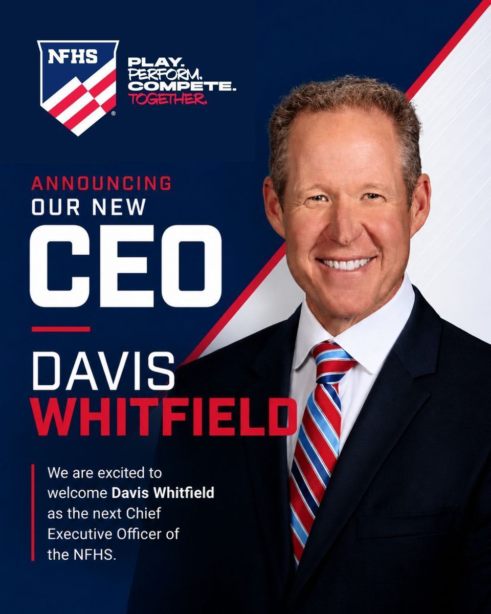 NFHS_Org's tweet photo. Please join us in congratulating Davis Whitfield on being named the next Chief Executive Officer of the NFHS!

After serving as Chief Operating Officer for the past 11 years, Davis will become the seventh full-time CEO in NFHS history. Throughout his career, he has demonstrated a deep commitment to education-based athletics and activities, student leadership, innovation, and service to our member state associations.

We look forward to the future under Davis' leadership as the NFHS continues its mission of supporting students, schools, and communities across the nation.

Congratulations, Davis!

https://t.co/C2VPKCovyR 

#NFHS #HighSchoolSports #EducationBasedAthletics #playperformcompetetogether