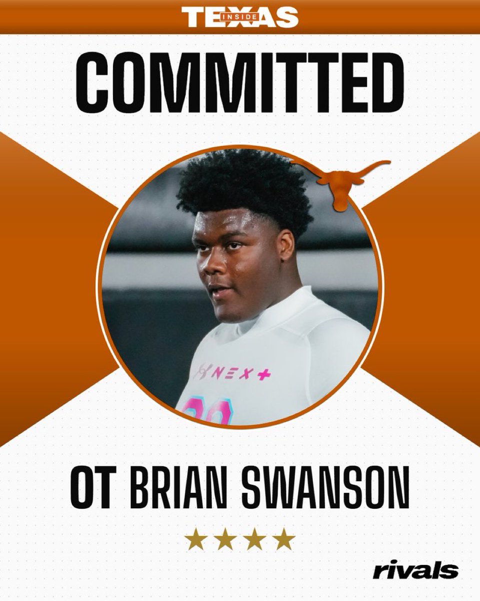 justinwells2424's tweet photo. SWANSON IS A LONGHORN!

2027 Dallas (Texas) South Oak Cliff OT Brian Swanson has committed to Texas!

Swanson chose the Longhorns over SMU, Oklahoma, and others.

STORY: https://t.co/NfUCpcqngf (FREE) @Rivals @InsideTexas https://t.co/ns7DdJxXh9