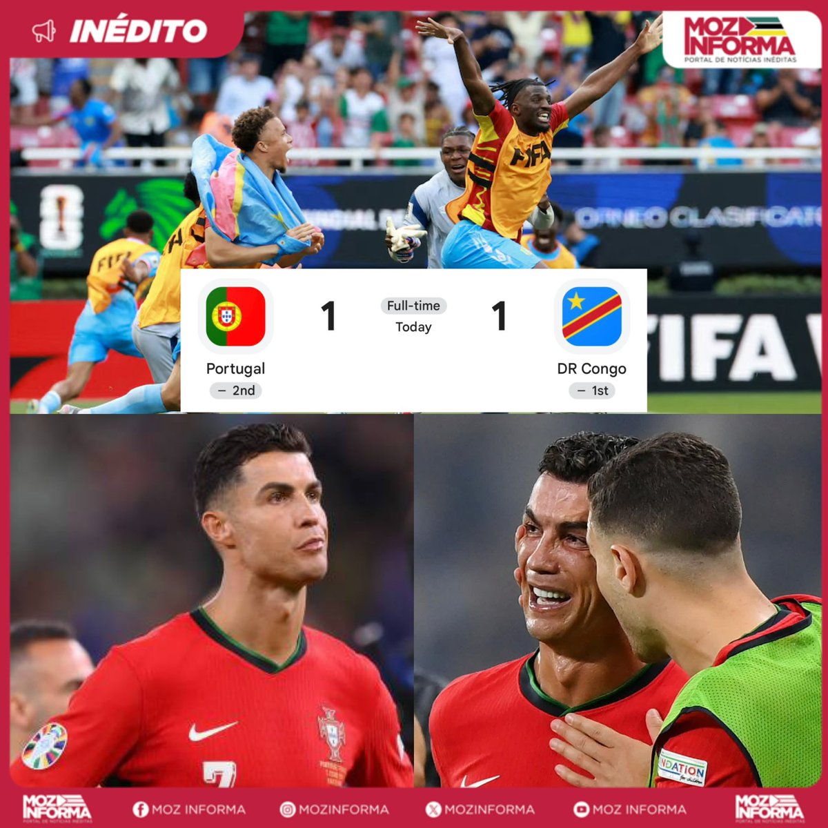 mozinforma's tweet photo. ⚽️‼️Portugal 🇵🇹 de Cristiano Ronaldo empata ao gosto de vitória para a RD Congo 🇨🇩 que fez história ao marcar seu primeiro golo ponto na história dos mundiais.

Portugal 🇵🇹 junta-se a Espanha 🇪🇸 e Brasil 🇧🇷 na lista das selecções favoritas ao título que fracassaram no 1o jogo. https://t.co/Lg8xrXpAPx