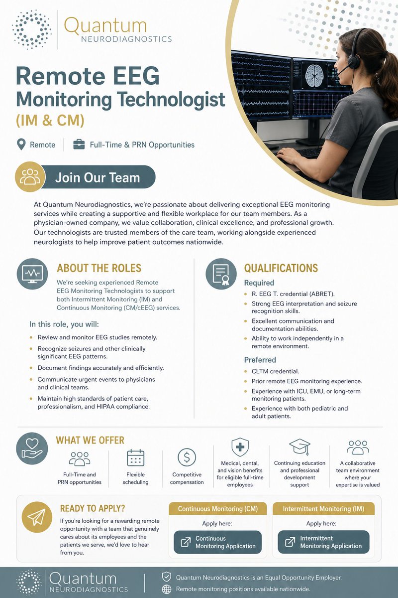 N69443Quantum's tweet photo. We're hiring Remote EEG Monitoring Technologists (CM &amp; IM)!
Full-Time &amp; PRN
Flexible scheduling
Competitive pay
Nationwide remote opportunities
R. EEG T. required.
Apply: https://t.co/6VpVGWteSx
https://t.co/FfP0Way7lH https://t.co/IRfoVt9wj0