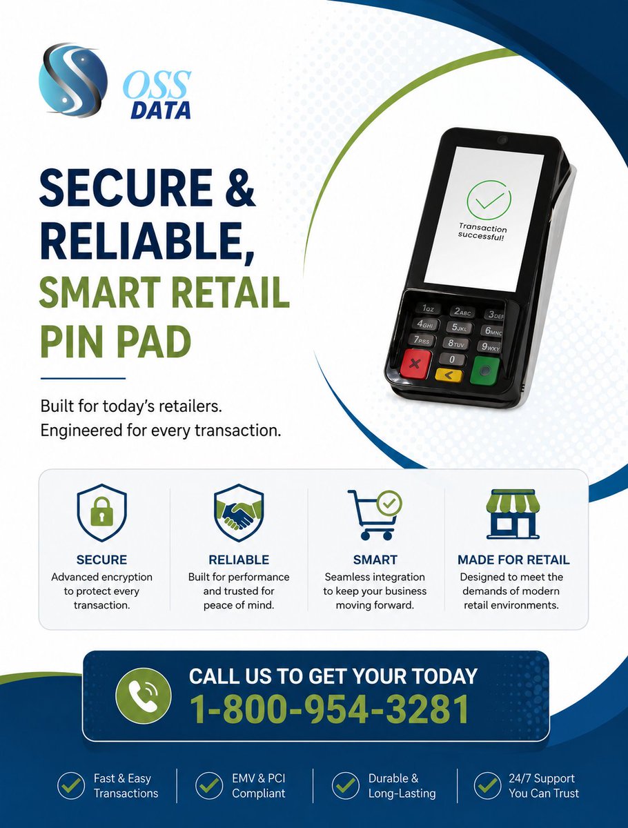 ossdatainc's tweet photo. Secure. Reliable. Smart. 💳

Your retail business deserves a PIN pad that works as hard as you do. Our advanced encryption protects every transaction while seamless integration keeps your business moving forward.

✓ Advanced encryption for maximum security
✓ Built for performance and peace of mind
✓ Seamless integration with your existing systems
✓ Designed for modern retail environments

Fast transactions. EMV & PCI compliant. 24/7 support you can trust.

Ready to upgrade your payment processing? Call us today for your free demo!

📞 1-800-954-3281

#POSsystems #RetailTechnology #PaymentProcessing #SmallBusiness #MiamiTech