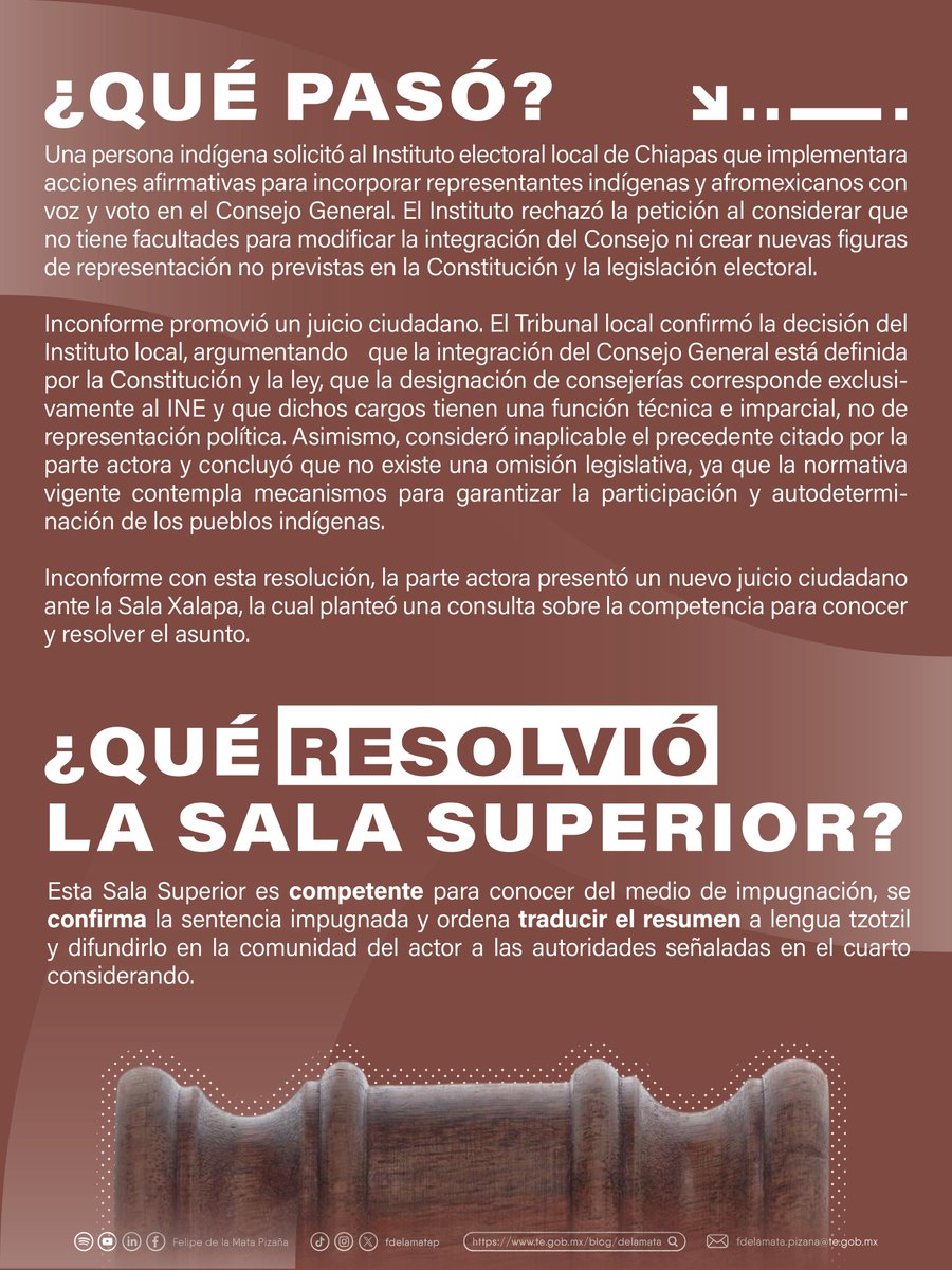 fdelamatap's tweet photo. ¿Las acciones afirmativas permiten crear nuevos espacios permanentes de representación dentro de los órganos electorales? ⚖️

En el asunto SUP-JDC-300/2026, la Sala Superior analizó una solicitud para incorporar una consejería indígena con voz y voto en el instituto electoral de Chiapas.

La resolución confirmó que no existe una obligación constitucional para integrar dicha consejería y que las acciones afirmativas no pueden modificar la estructura prevista en la ley.

Consulta los detalles en la infografía. 👇🏼