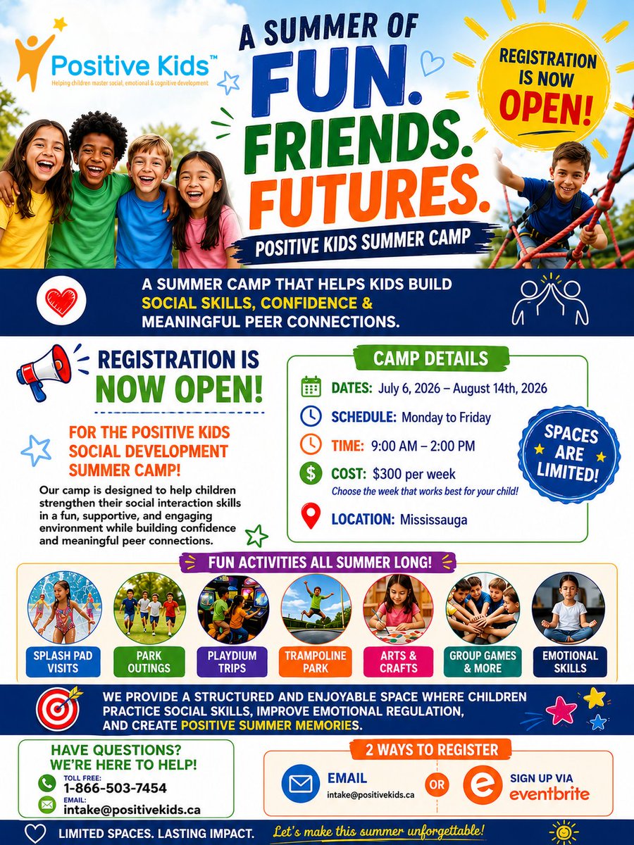 Positive_KidsCA's tweet photo. More than a summer camp. A place where kids build confidence, friendships, and social skills that last beyond the summer. 

☀️ Registration is now open for Positive Kids Social Development Summer Camp. Limited spaces available! https://t.co/ftdOhu32m4