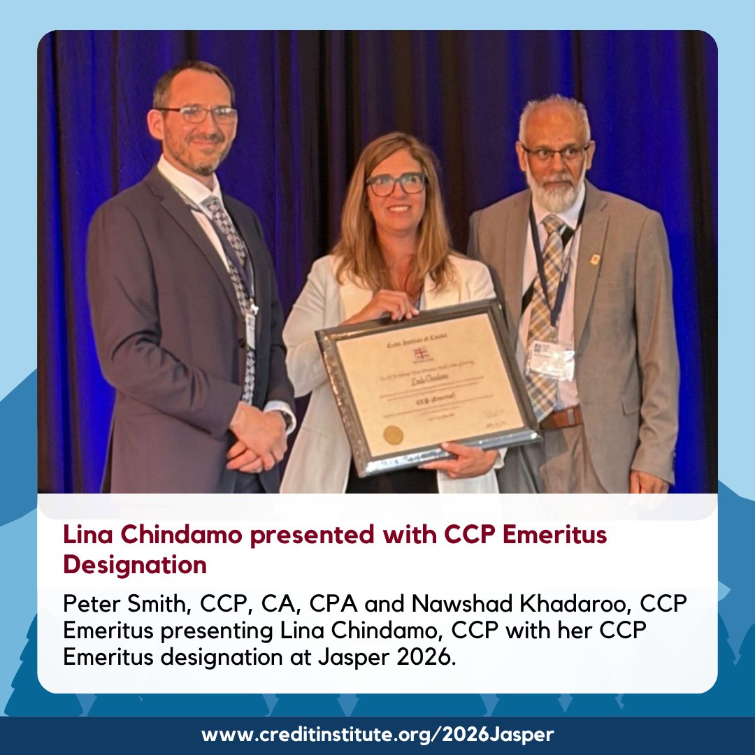 creditinstitute's tweet photo. 🏅 Congratulations to Lina Chindamo, CCP Emeritus, CICP on being presented with the CCP Emeritus designation at Jasper 2026.

📸 Peter Smith, CCP, CA, CPA and Nawshad Khadaroo, CCP Emeritus presenting Lina Chindamo, CCP with her CCP Emeritus designation at Jasper 2026.

#CIC https://t.co/J3NlgCAyfe
