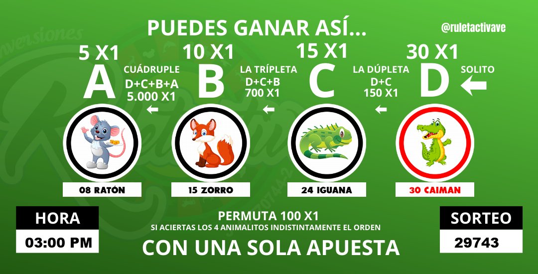 ruletactivave's tweet photo. RULETACTIVA
Miércoles 17 Junio 2026
SORTEO N° 29743     
HORA: 03:00 PM  
RESULTADOS:
A: 08 RATON               
B: 15 ZORRO               
C: 24 IGUANA              
D: 30 CAIMAN https://t.co/SZytWWO9FZ