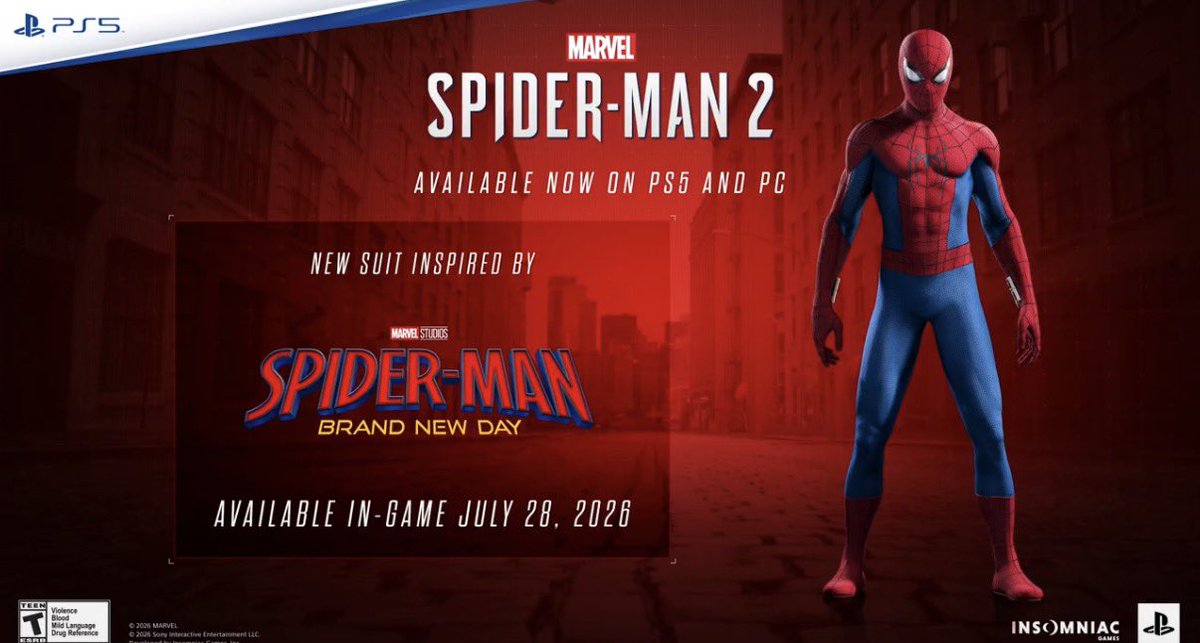 LeQGdesSupers's tweet photo. 🚨Le costume de #SpiderManBrandNewDay arrive dans ‘Marvel’s Spider-Man 2’ !

Dès le 28 juillet sur PS5 et PC. https://t.co/QbuzC2TUAT
