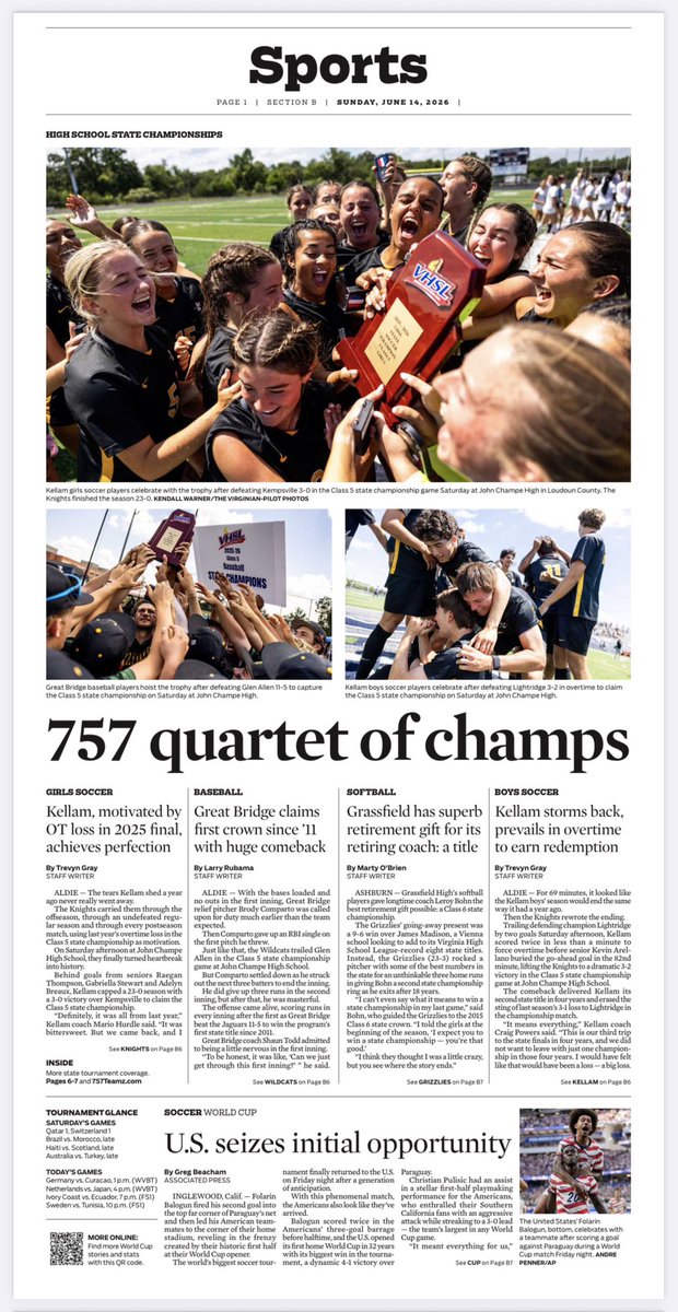 JamiVP's tweet photo. ⚾️🥎⚽️🎾We capped the @VHSL_ state championships in The Virginian-Pilot and Daily Press on Sunday with three(!) full pages of coverage from @LHRubama @MartyOBrienDP @treyhoops_ and @sdearth. 
Fantastic photos from @kendizzzall and design work from @JKacik. 👏
@APSE_sportmedia https://t.co/5RGx030LWT
