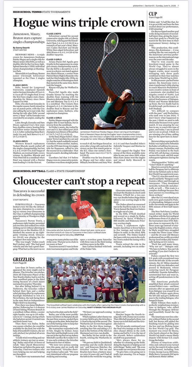 JamiVP's tweet photo. ⚾️🥎⚽️🎾We capped the @VHSL_ state championships in The Virginian-Pilot and Daily Press on Sunday with three(!) full pages of coverage from @LHRubama @MartyOBrienDP @treyhoops_ and @sdearth. 
Fantastic photos from @kendizzzall and design work from @JKacik. 👏
@APSE_sportmedia https://t.co/5RGx030LWT