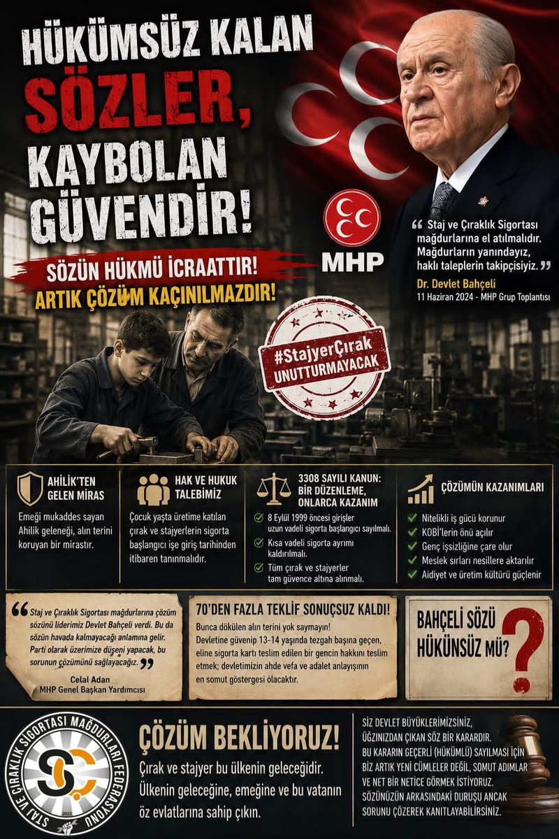 CirakStajFED's tweet photo. HÜKÜMSÜZ KALAN SÖZLER,
@dbdevletbahceli
@ZeybekciNihat
@MKalayci42
@erkanakcay45
@buyukataman
@kamilaydinmhp
@E_SemihYalcin
@M_Levent_Bulbul
@KarakayaMevlut
@hlmdrgn
@ismailozdemirrr
@oozgurbayraktar
@EOzdasli
@KOTRAMurat
@mustafacavusmhp
@Mustafa_ertekin
@OsmanGurBeyoglu
@YavuzTellioglu
@fth_cetinkaya
@PrHasanKalyoncu
@MehmetFendogluu
@ifarukaksu
@ilyastopsakal
@sadirdurmaz
@ahmet__yurdakul
 @yasaryldrmMHP
@TmrOsmanagaoglu
@aliucakTR
KAYBOLAN GÜVENDİR!

Bir Ahde Vefa Çağrısı: Geleceği İnşa Eden Çırak ve Stajyerlerin Hakkı Teslim Edilmelidir!

​Türkiye’nin ekonomik tam bağımsızlık vizyonunun temel taşı, sanayiden teknolojiye her alanda alın teri döken nitelikli insan kaynağımızdır. Savunma sanayiimizden yerli otomobil üretimimize kadar her başarı hikayesinin arkasında;  Ahî Evran ocaklarında yetişen Çırak ve Stajyerlerin "Ana Elemanlarımızın" emeği vardır. Çıraklık ve staj müessesesi, sadece bir eğitim modeli değil, bu vatanın üretim gücünün kutsal bir mirasıdır. Bu mirasa sahip çıkmak, geleceğin müreffeh Türkiye’sini inşa etmektir.

Ahilik Geleneğinden Modern Sosyal Güvenliğin Hak ve Hukuku

​Bin yıllık Ahilik geleneğimizdeki usta-çırak ve stajyer hukuku, emeği mukaddes sayan ve alın terini kurumadan koruyan bir mirastır. Ahi Evran’ın "Eline, diline, beline sahip ol" düsturuyla şekillenen bu kültür, iş ahlakını ve sosyal adaleti esas alır. Bu kadim mirasın modern sosyal güvenlik sistemimizdeki karşılığı; çocuk yaşta fiilen üretime katılan çırak ve stajyerlerin uzun vadeli sigorta haklarının işe giriş tarihlerinden itibaren tanınmasıdır. Sosyal güvenliğin hakkaniyetle taçlanması, bu tarihi halkanın tamamlanmasına bağlıdır

3308 Sayılı Kanun: Bir Düzenleme, Onlarca Kazanım

​Sosyal güvenlik sistemimizde yapılacak basit ama kapsayıcı bir düzenleme ile üretim hayatımızda devrim yaratacak şu adımlar atılmalıdır:

​8 Eylül 1999 öncesi çıraklık ve stajyerlik girişlerinin uzun vadeli sigorta başlangıcı olarak kabul edilmesi.

​Kısa vadeli sigorta kolları ayrımının ortadan kaldırılarak, çıraklık ve stajyerlik döneminin tam güvence altına alınması.

​Bu adımlar; nitelikli iş gücünü korur, KOBİ’lerin önünü açar, genç işsizliğine çare olur ve meslek sırlarının nesiller arası aktarılmasını sağlar. Aidiyeti güçlendirir, sanayi-toplum bağını kuvvetlendirir

Milliyetçi Hareket Partisi’ne Çağrımız: Sözün Gereği Çözümdür

MHP Genel Başkan Yardımcısı Celal Adan, “Staj ve Çıraklık Sigortası mağdurlarına çözüm sözünü liderimiz Devlet Bahçeli verdi. Bu da sözün havada kalmayacağı anlamına gelir. Parti olarak üzerimize düşeni yapacak, bu sorunun çözümünü sağlayacağız” dedi.

MHP Genel Başkanı Sayın Dr. Devlet Bahçeli, 2014-2018- 2024 seçim bildirgesinde staj ve çıraklık sigortası mağdurlarına çözüm sözü vermişti. 11 Haziran 2024’teki MHP Grup Toplantısında da “Staj ve Çıraklık Sigortası mağdurlarına el atılmalıdır. Mağdurların yanındayız, haklı taleplerin takipçisiyiz” ifadelerini kullanmıştı.

Bugüne kadar Meclis'te sunulan 70'ten fazla kanun teklifinin sonuçsuz kalması, bunca dökülen alın terini yok saymaktır Federasyon olarak hatırlatıyoruz:

Devletine güvenip 13-14 yaşında tezgah başına geçen, eline sigorta kartı teslim edilen bir gencin haklarını teslim etmek; devletimizin ahde vefa ve adalet anlayışının en somut göstergesi olacaktır.

Çözüm Bekliyoruz!
​Çırak ve stajyer bu ülkenin geleceğidir. Ülkenin geleceğine, emeğine ve bu vatanın öz evlatlarına sahip çıkın. Sözün hükmü icraattır; artık çözüm kaçınılmazdır.

Siz devlet büyüklerimizsiniz , ağzınızdan çıkan söz bir karardır. Bu kararın geçerli (hükümlü) sayılması için biz artık yeni cümleler değil, somut adımlar ve net bir netice görmek istiyoruz. Sözünüzün arkasındaki duruşu ancak sorunu çözerek kanıtlayabilirsiniz.

Bahçeli Sözü Hükümsüzmü
#StajyerÇırakUnutturmayacak