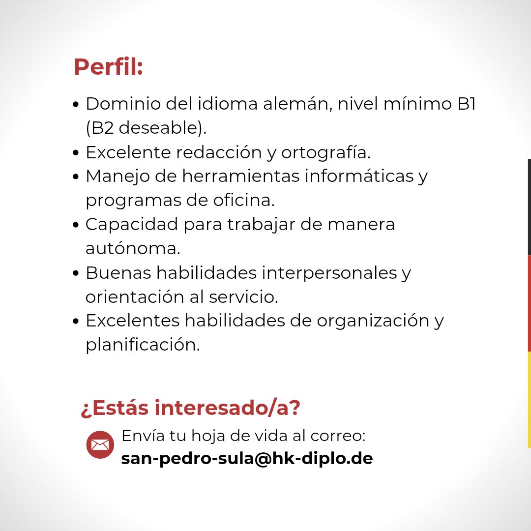 AlemaniaenHN's tweet photo. 📢 #OportunidadLaboral 👉 Asistente Administrativo/a Consular

🕐Media jornada | 📍 San Pedro Sula
📆Cierre de aplicación: 02/07/26
🗣️Alemán B1 (B2 deseable)
📩Postulación: san-pedro-sula@hk-diplo.de

⚠️Consultas y proceso de aplicación únicamente a través de este correo. https://t.co/NcI736SsrY