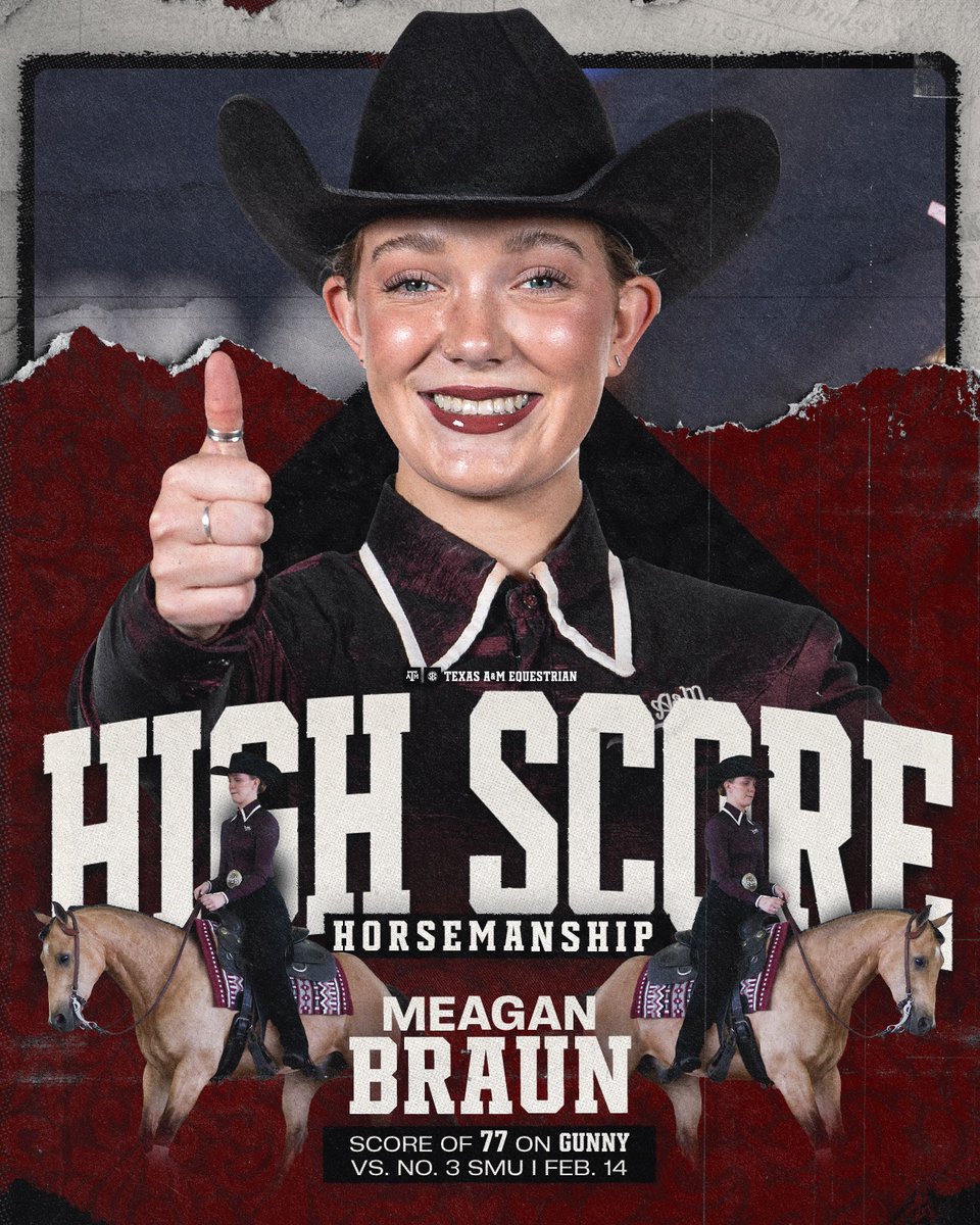 AggieEquestrian's tweet photo. Our horsemanship high score of the season comes from  Meagan Braun with 77 on Gunny vs. SMU 👍 https://t.co/R3nx3UhOzH