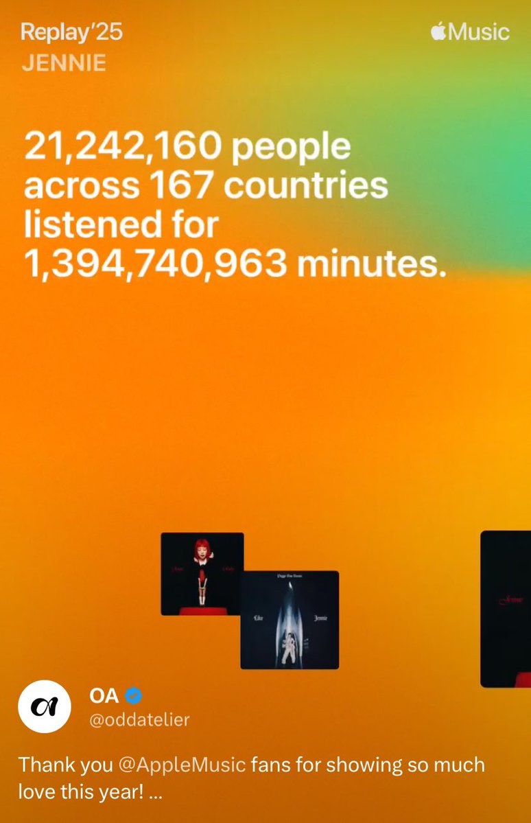 JenJenCore's tweet photo. We don’t hype JENNIE’s success on Apple Music enough!

She pulled 21M listeners out of Apple Music’s 100M users in the year-end Wrapped. 👑

Queen of Apple Music for a reason! ❤️ https://t.co/aIlT9POvGn