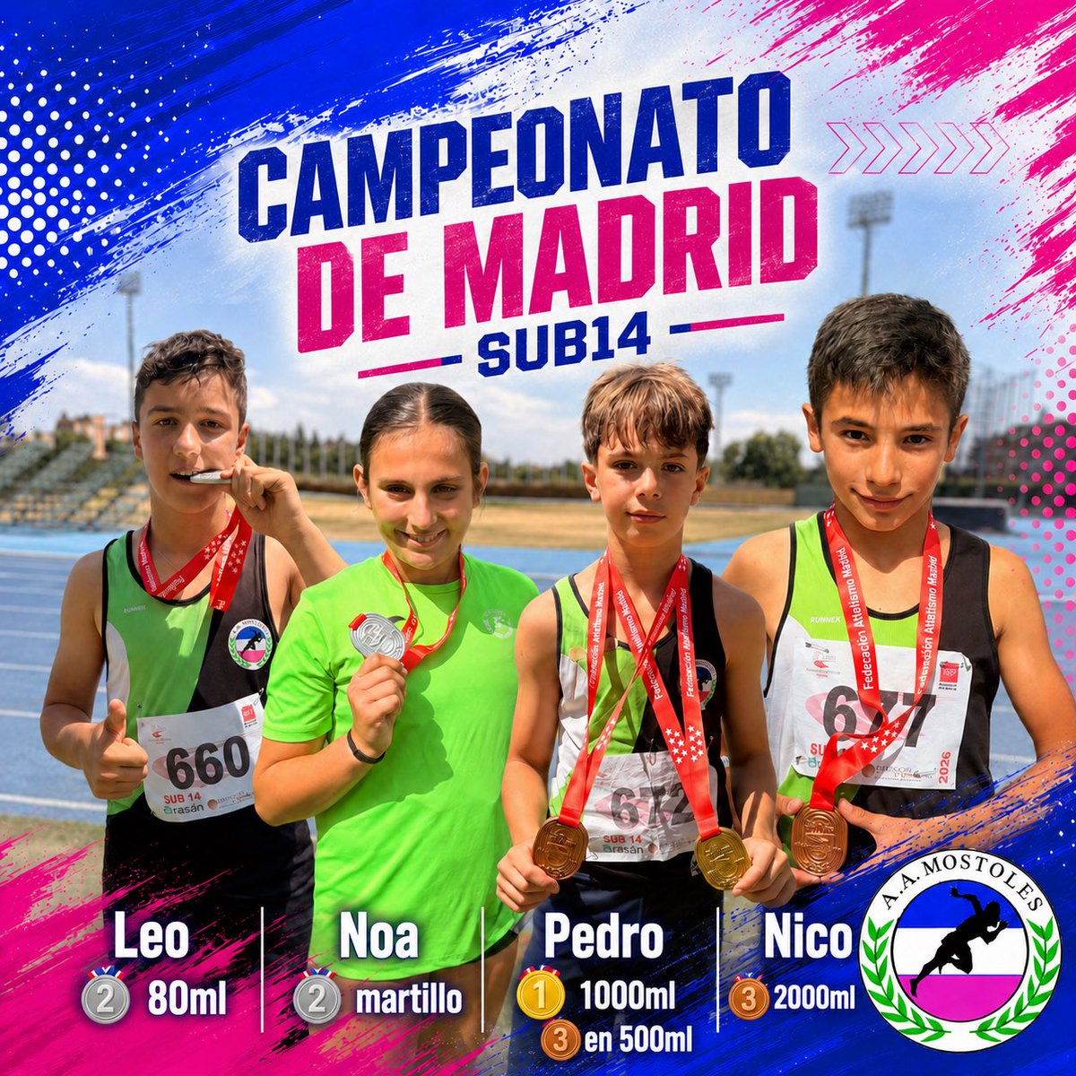 AAMostoles's tweet photo. 🏅 ¡Final de temporada espectacular en el Campeonato de Madrid Sub14!
5 medallas individuales para nuestros atletas. Enhorabuena por el esfuerzo y los resultados durante toda la temporada 👏
Ahora toca descansar ☀️ y a la vuelta, nuevo reto: el Campeonato de Madrid de Clubes 💪 https://t.co/QE9vPK5ZY1