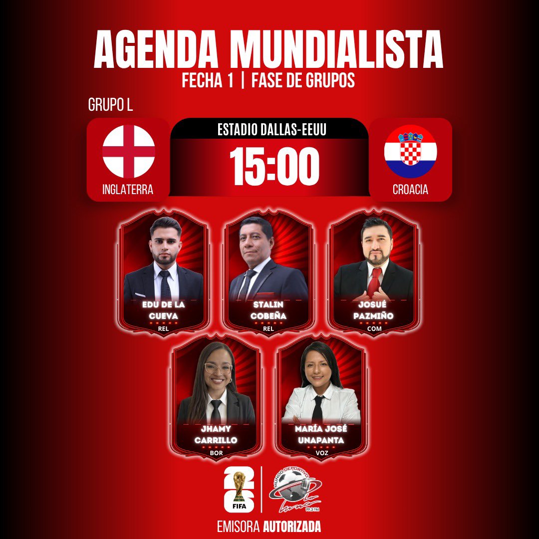 MundoDeporEC's tweet photo. SIGUE RODANDO EL BALÓN ⚽️ 

Inglaterra 🏴󠁧󠁢󠁥󠁮󠁧󠁿 enfrenta al conjunto de croacia 🇭🇷 por la primera fecha del grupo L 🙌

y tú lo vives a través de los 99.3 FM 📻 

#mundodeportivo #md360 https://t.co/Kv9xv7jG12