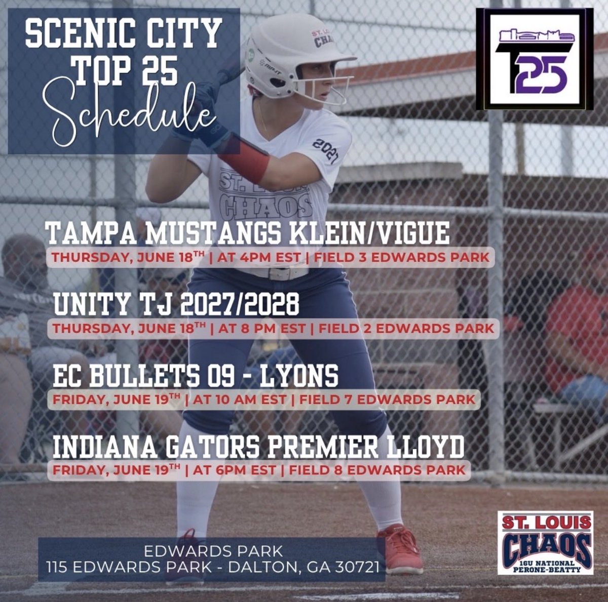MakJohnson2028's tweet photo. Here is our schedule for this weekend at Edwards Park! Looking forward to competing against some great teams! Hope to see you there!! 

📍Scenic City Top 25 – Dalton, GA

@stlchaoscoach96 @louis_chaos @AllAccessAth @BeThatPlayer1 @CoastRecruits @CoastRecruitsSB @ConnectSports_ @LineDsoftball @DirectRecruits @d1vision_sb  @ExtraInningSB @ExpoRecruits @Topsiswear @TopPreps @MaxPreps @PrepRedzoneMO @PrepSoftball @fastpitchwatch @KeyPlayerNation @SoftballDown @LegacyLegendsS1  @ondecksoftball   @SBRRetweets @los_stuff @Coach_AT @coachwallensemo @CoachBBuchanan @CoachNealPT @Coach_Ricketts @CoachPena_BSU @Coach_Shippy @CoachBurns17 @CoachRedburn @TonySmithNUSB @katedrohan @CarylDrohan @CoachZacShaw @MrCoachTbratt @SBCoachNavi @RhondaRevelle @CoachMFrezzotti @jordynrudd63 @JoRichwood @_NickyDawson @katethegreat07 @LUCCoachAbbott @AlbaughSydney99 @UofL_CoachHolly