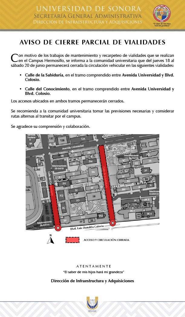 diaUNISON's tweet photo. BOLETÍN
Aviso de cierre parcial de vialidades

Dirección de Infraestructura y Adquisiciones 
Secretaría General Administrativa 
Universidad de Sonora
🦉 💛💙 https://t.co/MrQgeP4slj